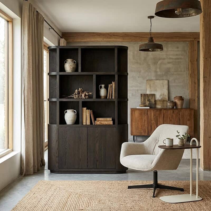 Novero Espresso 145cm boekenkast eikenhout fineer bruin afgeronde vormen