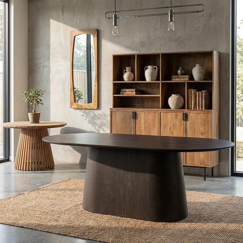 Novero espresso eetkamertafel in eikenhout fineer met afgeronde vorm en bruine kleur