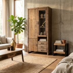 Opbergkast met laden en deur in houten stijl, recycled hout, landelijk interieur