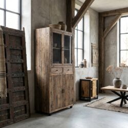 Opbergkast Roots 100, houten kast met glazen deuren en recycled hout