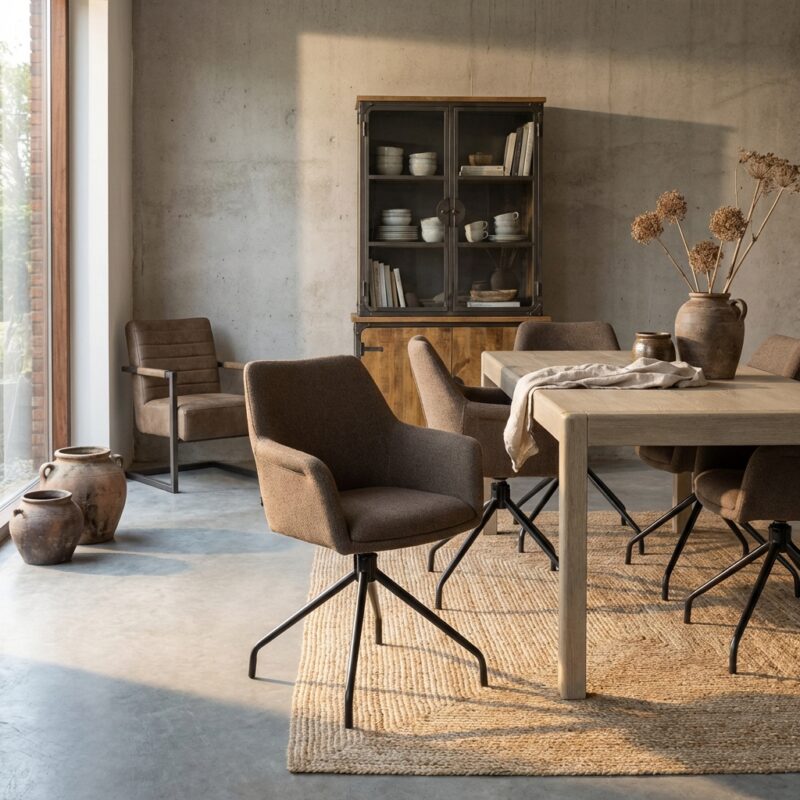 Zwart houten eettafel met moderne stoffen stoelen in een gezellige, minimalistische eetkamer met natuurlijke decoraties en een vintage kast op een betonnen muurachtergrond.