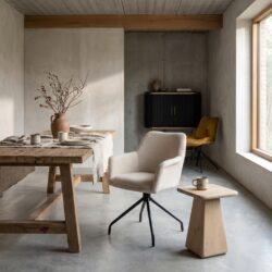 Zwart en beige fauteuil met houten bijzettafel in een modern, minimalistisch interieur met grote ramen en natuurlijke lichtinval. Perfect voor stijlvolle en comfortabele woonruimtes.