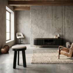 Ossana kruk met zwarte Memphis 10 stof en houten poten, Japandi stijl