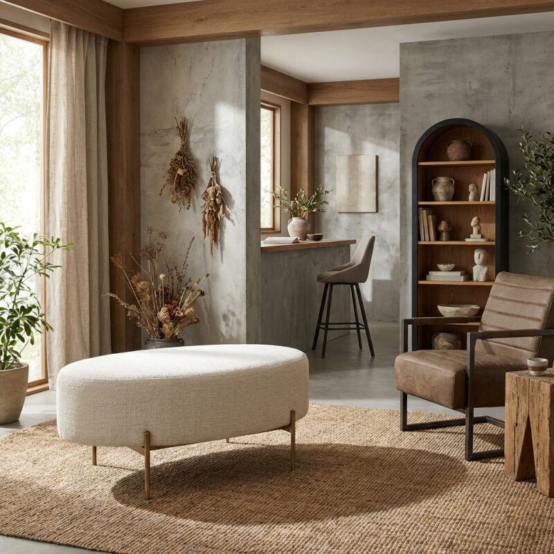 Ossana poef 100 cm Japandi stijl beige met metalen poten