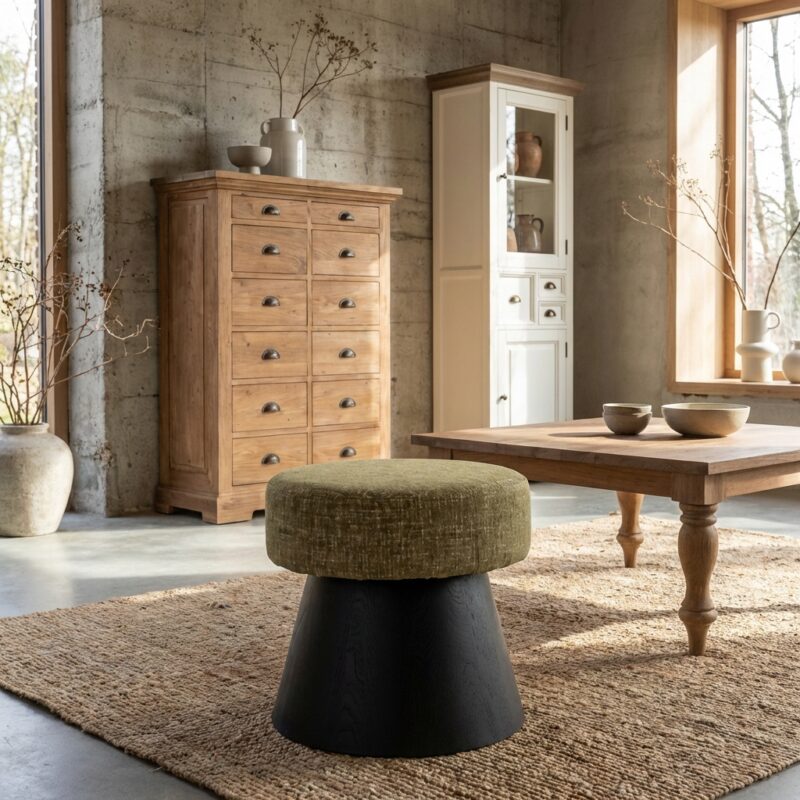 Rond ossana poef in groen en zwart met Memphis-stijl