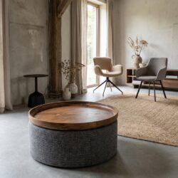 Ronde salontafel Japandi stijl met bruin/grijze houten blad en metalen poten