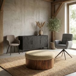 Ronde salontafel uit Japanse stijl in bruin leer met opbergruimte