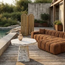 Outdoor eettafel Rockyard wit marmerlook 100Ø, handgemaakt en zelf te monteren