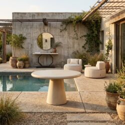 Ronde outdoor eettafel Urban Bloom sandstone, handgemaakt en vorstbestendig