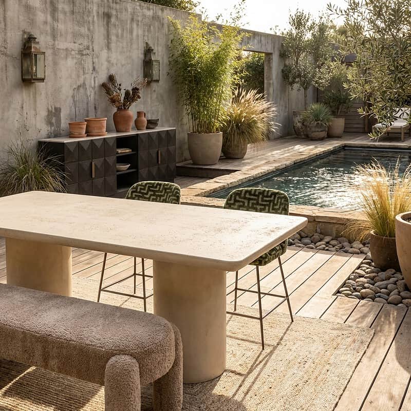 Een stijlvolle buitenruimte met een modern tafel en comfortabele stoelen, omringd door planten en een zwembad, perfect voor ontspanning en buiten dineren.