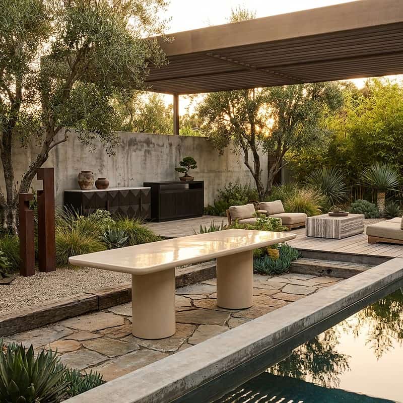 Zweefstoel en tuinmeubelen in een moderne tuin met zwembad, omgeven door groen en natuurlijke elementen, perfect voor ontspanning en buitenleven.