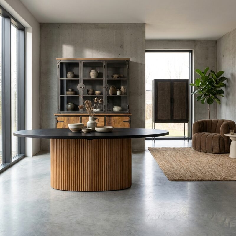 Ovale eetkamertafel in natuurlijk recycled teak, landelijk modern stijl