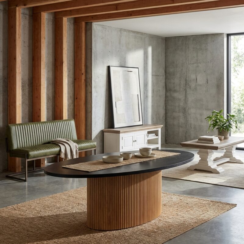 Ovale eetkamertafel in natuurlijk hout met landelijk modern design