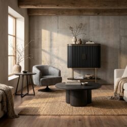 Rond salontafel in zwart, landelijk modern stijl, gemaakt van concrete straw wash