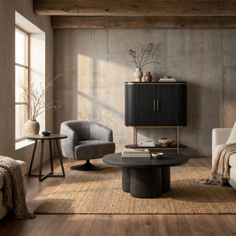 Rond salontafel in zwart, landelijk modern stijl, gemaakt van concrete straw wash