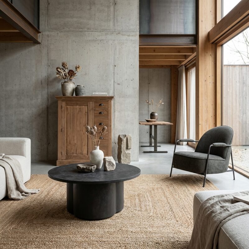 Rond salontafel van zwarte concrete straw wash met landelijk modern design