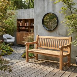 Patrick buitenbank van Livingfurn, naturel hout, teakhout, comfortabel zitten in de tuin