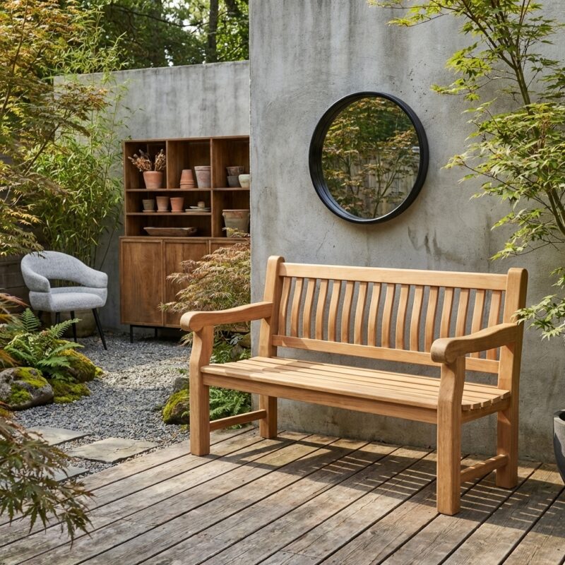 Patrick buitenbank van Livingfurn, naturel hout, teakhout, comfortabel zitten in de tuin