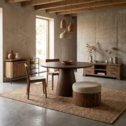 Ronde eetkamertafel bruin, landelijk modern stijl, 130 cm lang en breed