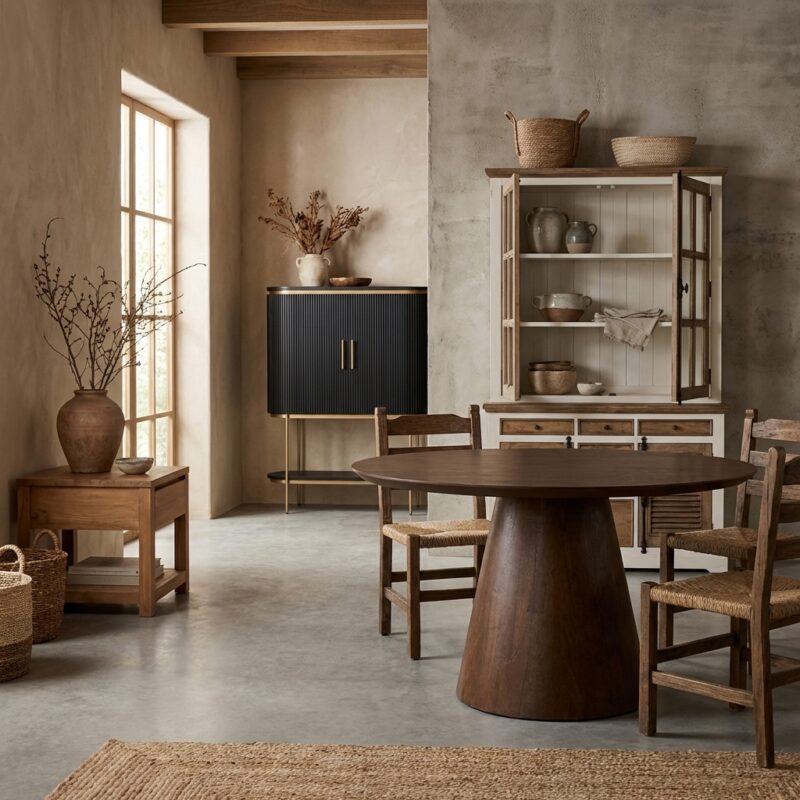 Premana eetkamertafel, rond, bruin, landelijk modern, 150 cm