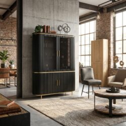 Rivello buffetkast 150 cm, zwart, hotelstijl, hout en glas