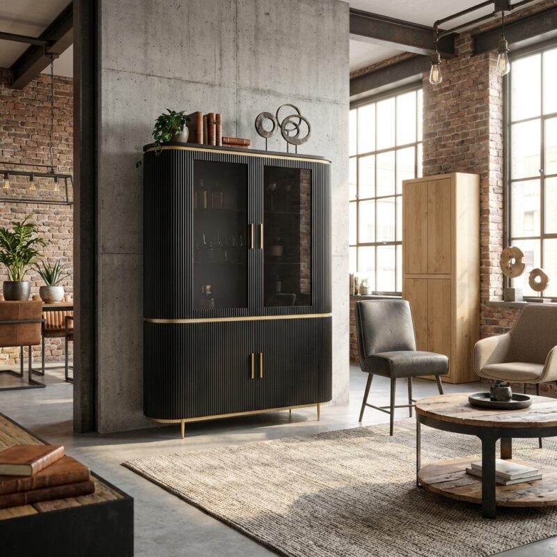 Rivello buffetkast 150 cm, zwart, hotelstijl, hout en glas