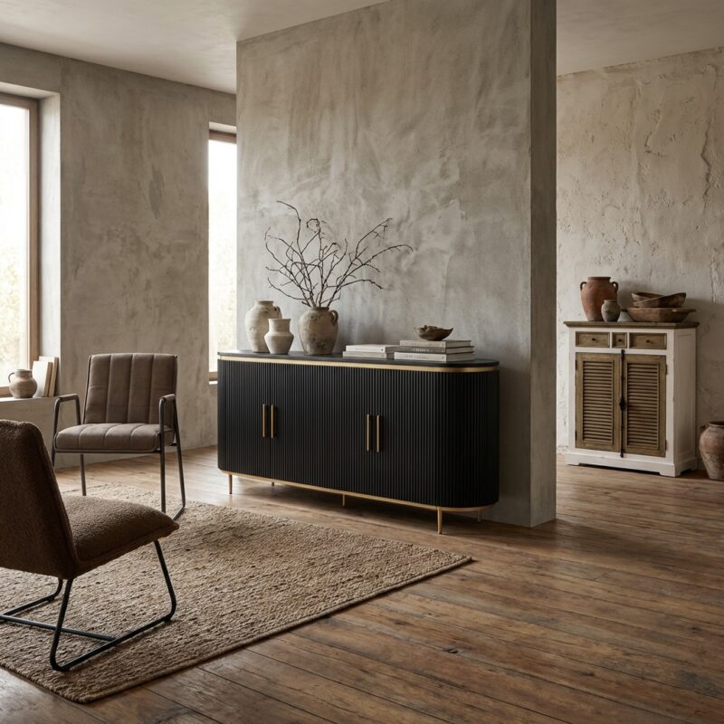 Rivello dressoir 210 cm, hotel chique stijl, zwart, mango hout