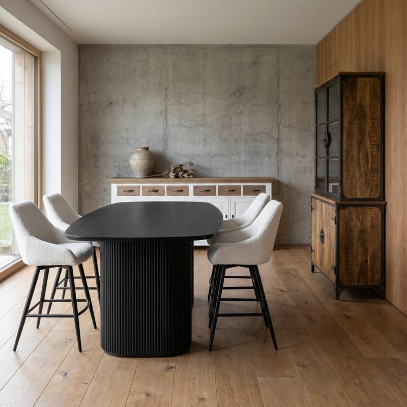 Deens ovaal eetkamertafel in zwart, hotelchique stijl
