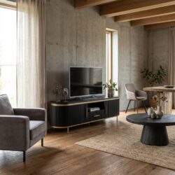 Rivello TV-meubel in zwart, hotelstijl, met open nis en twee deuren