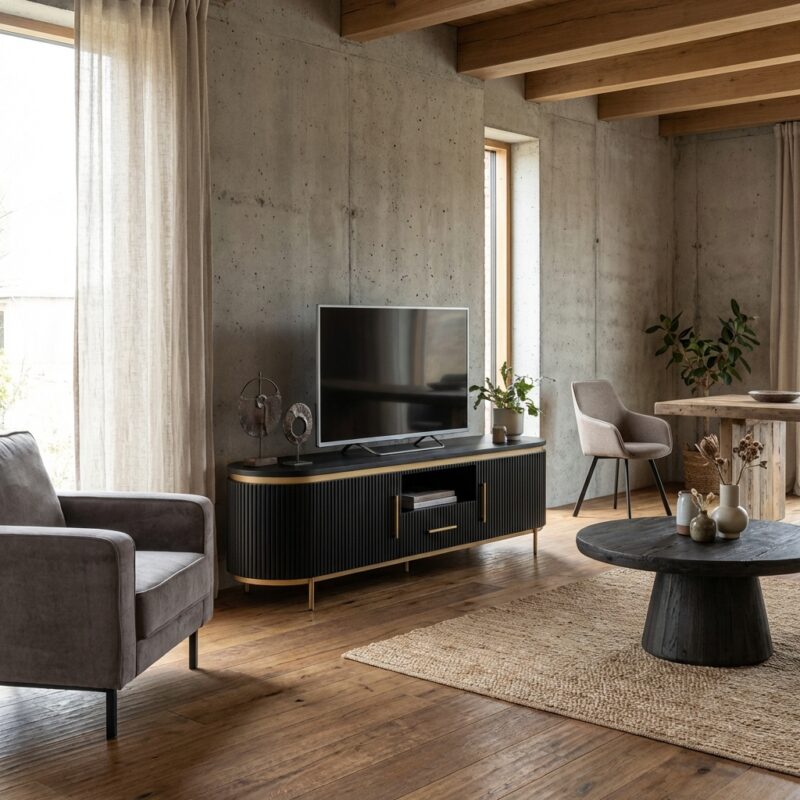 Rivello TV-meubel in zwart, hotelstijl, met open nis en twee deuren