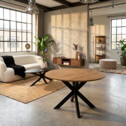 Ronde eettafel Madison Natural met mangohouten tafelblad en zwarte metalen tafelpoten