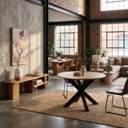 Ronde eettafel Madison Natural met mangohouten tafelblad en zwarte tafelpoten