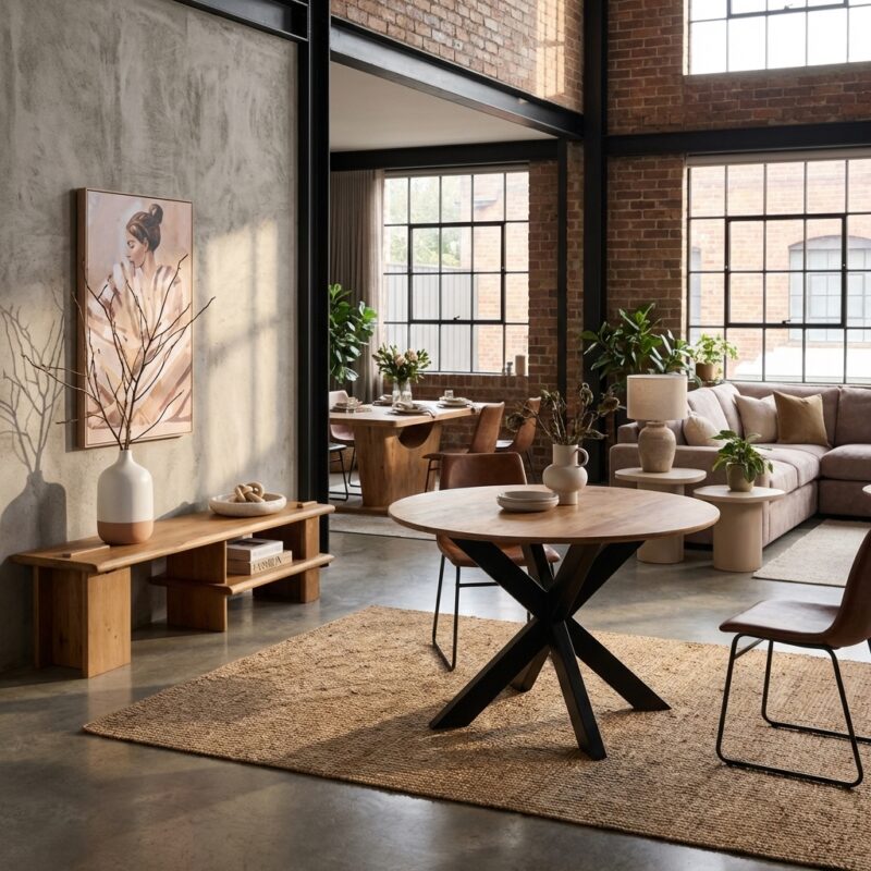 Ronde eettafel Madison Natural met mangohouten tafelblad en zwarte tafelpoten