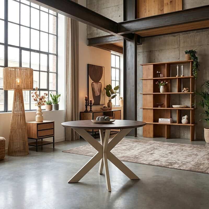 Moderne eettafel Madison Walnut met zandkleurige poten, 150 cm, in een stijlvolle woonruimte met natuurlijke houten meubels en grote ramen.