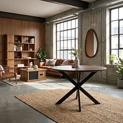 Moderne eettafel Madison Walnut met zwarte poot, 150 cm, in een industrieel interieur met grote ramen en natuurlijke lichtinval.