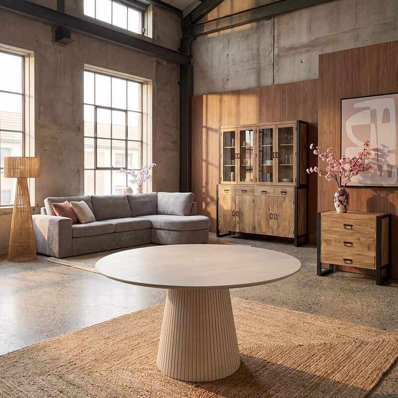 Modern woonkamer met Mokana meubelen, inclusief een grijze bank, houten kast en ronde eettafel in een industrieel interieur met grote ramen en natuurlijke lichtinval.