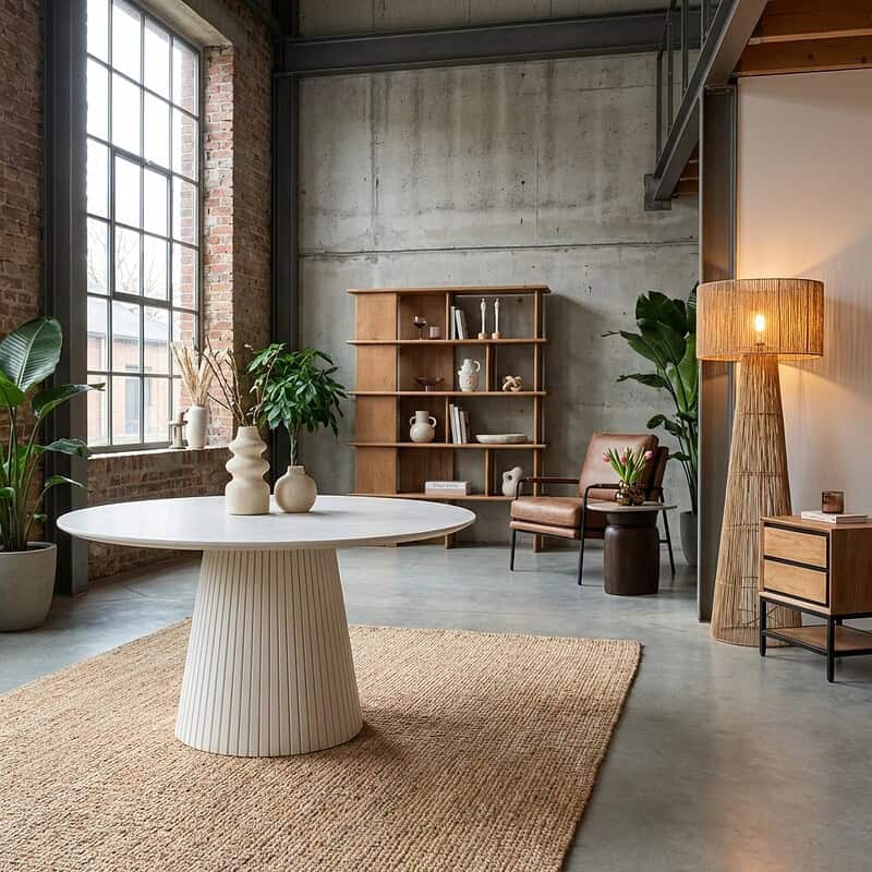 Interieur van een modern industrieel woonkamer met houten meubelen, grote ramen en groene planten, creëert een warme en stijlvolle sfeer.