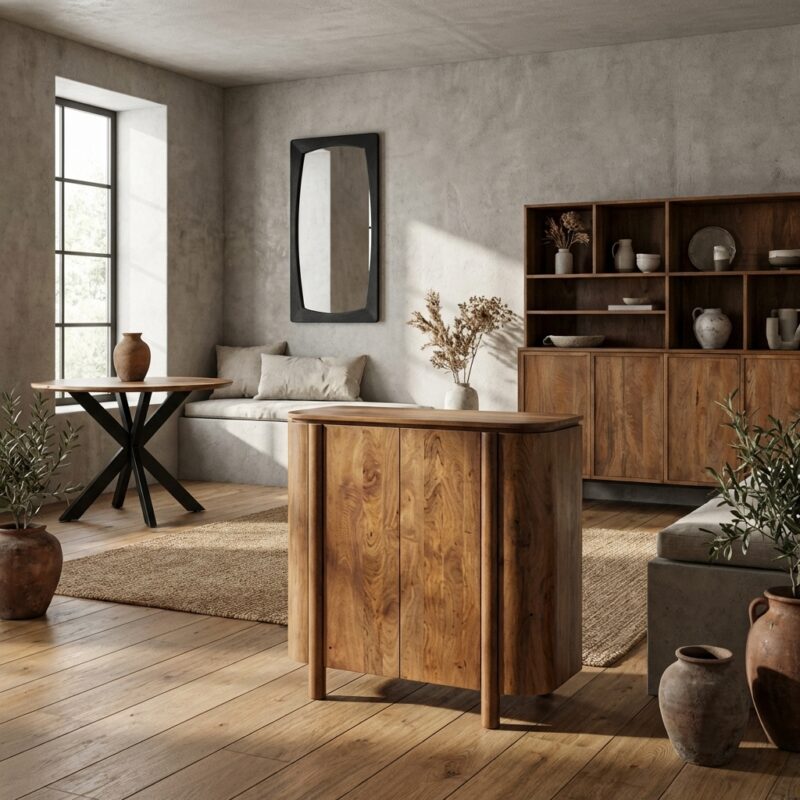 Salano 150 cm kast in natuurlijk hout met afgeronde details en poten