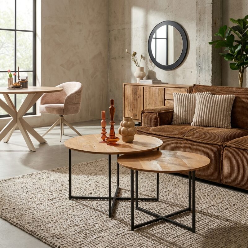 Tweedelig salontafel set Arlington met mangohouten tafelbladen en metalen frame in zwart