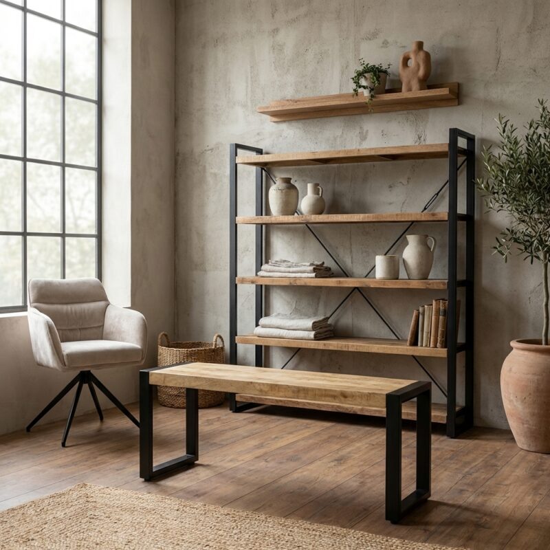 Salontafel Britt 110, houten tafel met zwarte verf, mango hout en staal