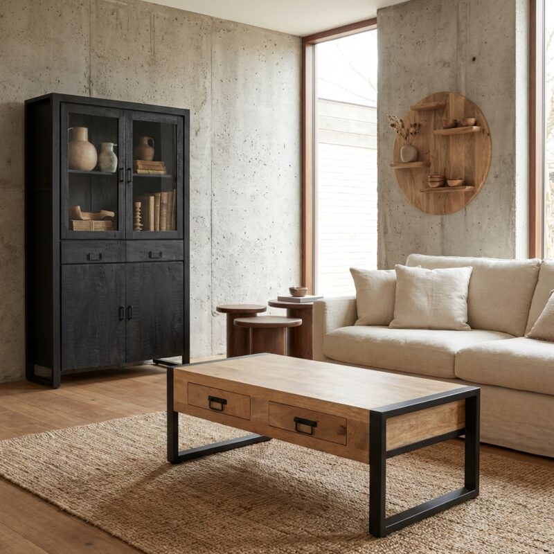 Salontafel Britt, rechthoekig, mangohout en metaal, lichte finish en zwarte lak