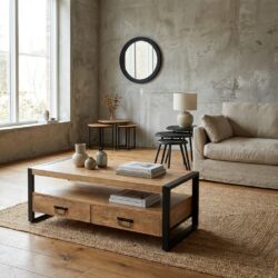 Salontafel Britt, 120 cm, vier lades, mangohout en metaal, lichte finish en zwarte lak