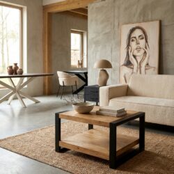 Salontafel Britt, vierkant, mangohout, metaal, woonserie