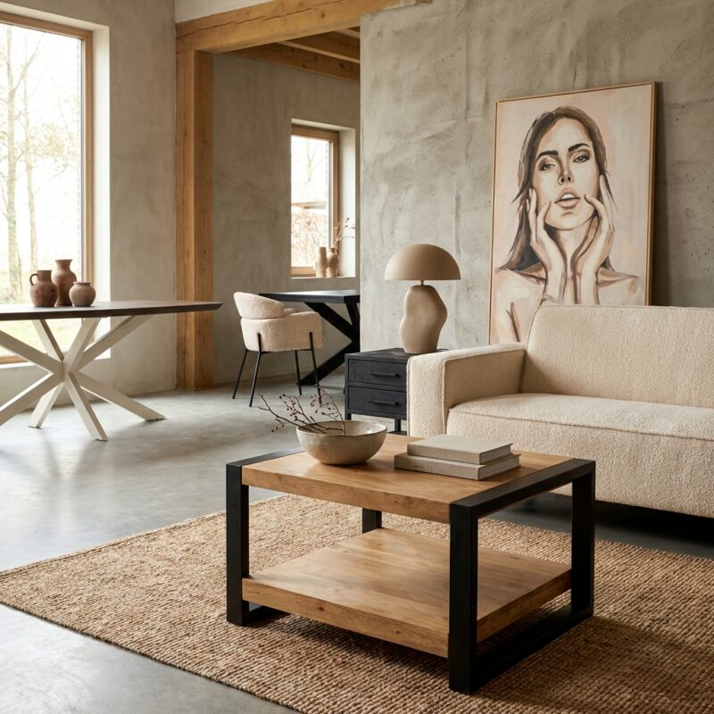 Salontafel Britt, vierkant, mangohout, metaal, woonserie