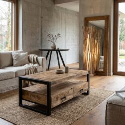 Salontafel Britt met 4 laden in zwart hout en stalen frame