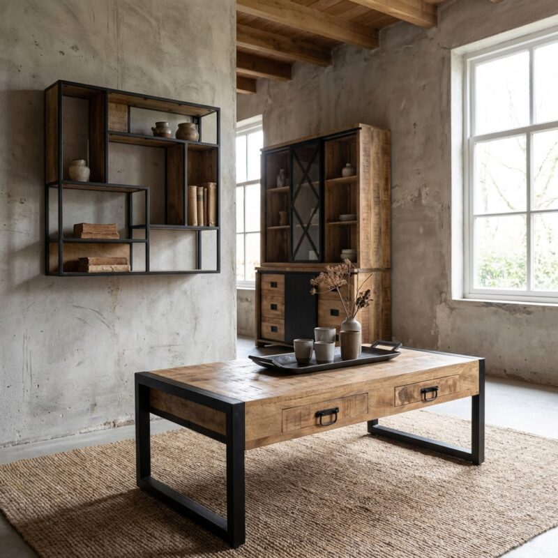 Salontafel Britt met laden in hout en zwart, modern ontwerp