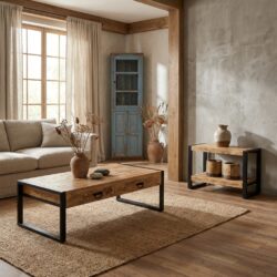 Salontafel Britt met laden in zwart hout en stalen frame