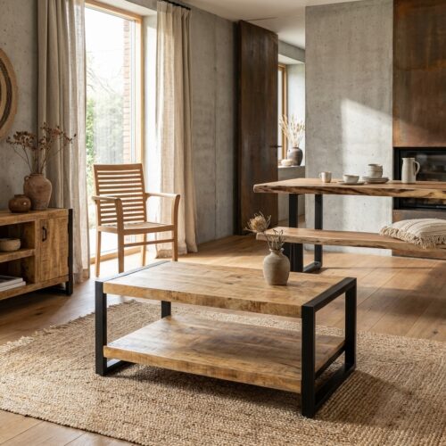 salontafel-britt-legplank-zwart-hout-staal Salontafel Britt met legplank in zwart hout en staal, modern design