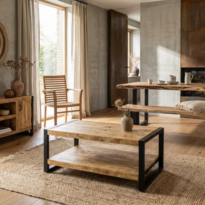 Salontafel Britt met legplank in zwart hout en staal, modern design