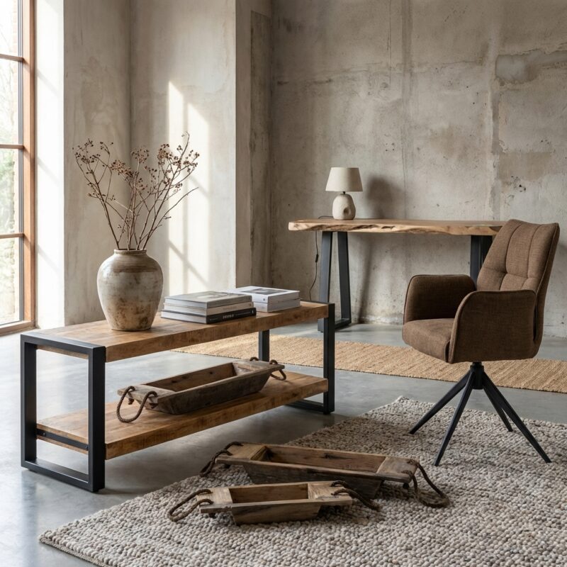 Salontafel Britt met Legplank, houten tafel met zwarte legplank en moderne design